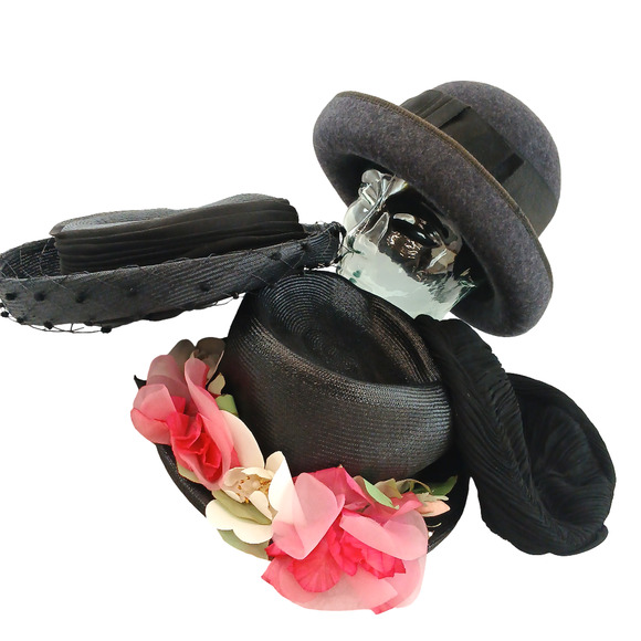 VTG Black Bowler Hat Lot of 4 Fascinator Floral Cloche Wedding Goth Formal Cap main image 16